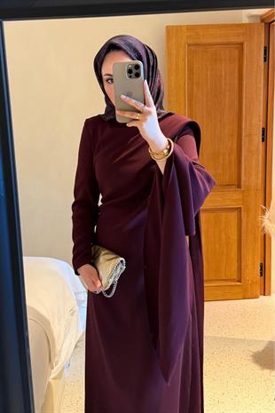Tesettür Şal detaylı volan elbise  -bordo- vakronline