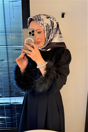 Kolları tüylü ithal elbise-lacivert - vakronline