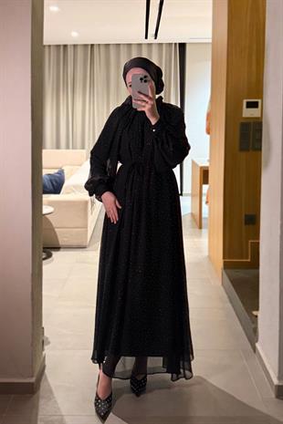 Glamour taşlı elbise-siyah - vakronline