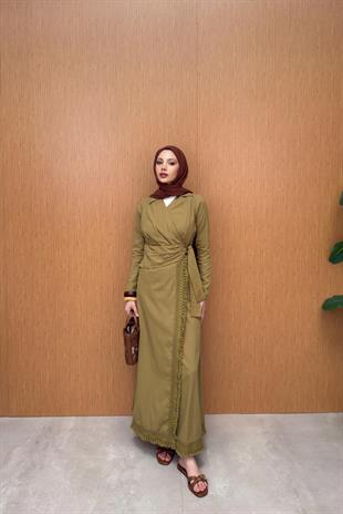 Tesettür V Yaka Bağlamalı Keten Elbise - Yeşil