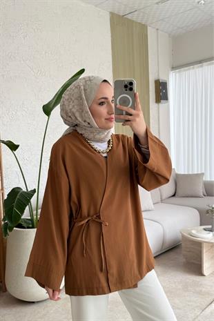 Keten yandan bağlamalı kimono-kahverengi - vakronline