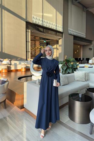 Gül kemerli elbise-lacivert - Vakronline