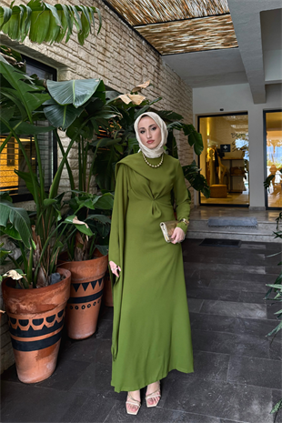 Şal detaylı volan elbise olive (ön sipariş) - vakronline