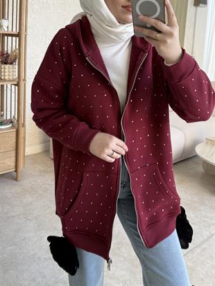 Zra model full taşlı kapüşonlu sweat-bordo - vakronline