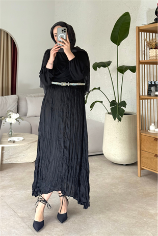 Saten kraş etek-siyah - vakronline