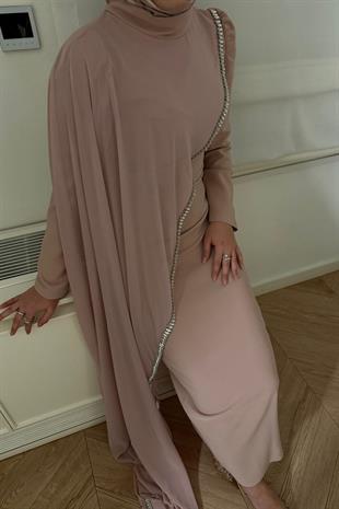 Milena Taşlı Premium Elbise-Pudra
