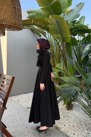 Elizabeth maxi boy fiyonk broşlu premium elbise-siyah - vakronline