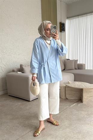 Keten yandan bağlamalı kimono-bebe mavisi - vakronline