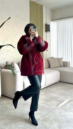 Zra muadi̇l kürklü ceket kaban -bordo - vakronline