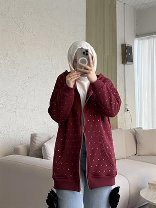 Zra model full taşlı kapüşonlu sweat-bordo - vakronline