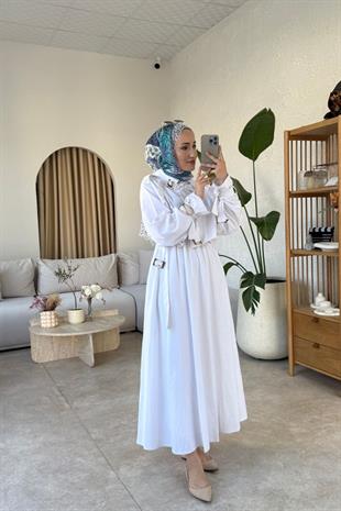 Keten Premium Elbise-Beyaz