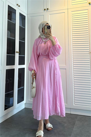 Balon kol etekli takım-pembe - Vakronline