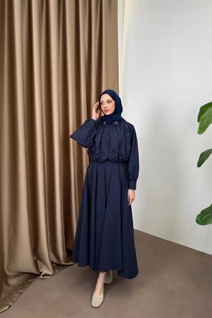 Çiçek Aksesuarlı Poplin Etekli Takım - Lacivert