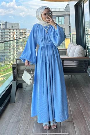 Tesettür Balon Kol Premium Elbise-Bebe mavi