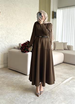 Dara kemerli scuba elbise-acı kahve - vakronline