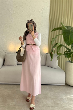 Tesettür Tuus etekli takım-pembe - vakronline