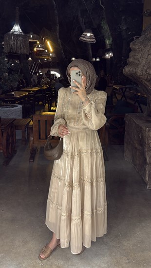 Alezia Taşlı İthal Elbise - Bej