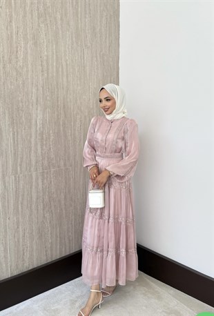 Alezia Taşlı İthal Elbise - Pudra