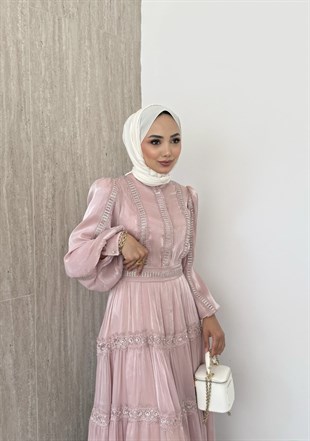 Alezia Taşlı İthal Elbise - Pudra