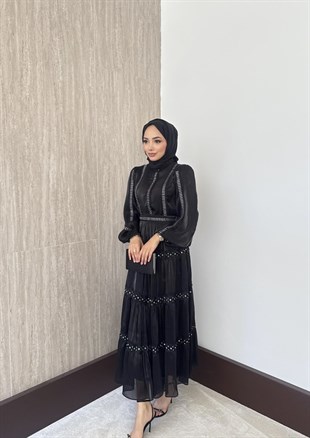 Alezia Taşlı İthal Elbise - Siyah