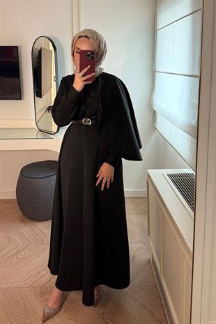 Amelie Şal Yaka Scuba Elbise-Siyah