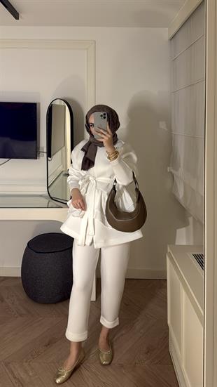 Arine Puf Pantolonlu Takım-beyaz