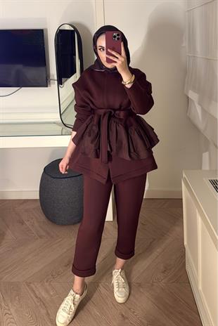 Arine Puf Pantolonlu Takım-bordo