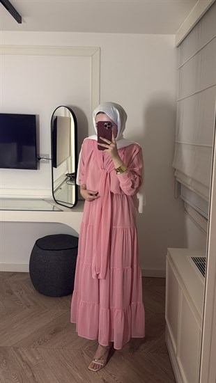 Arya  Yaka Bağlamalı Etekli Takım - Pembe