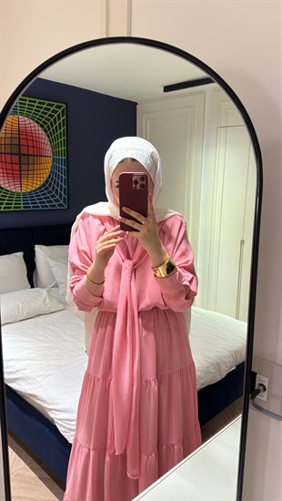 Arya  Yaka Bağlamalı Etekli Takım - Pembe