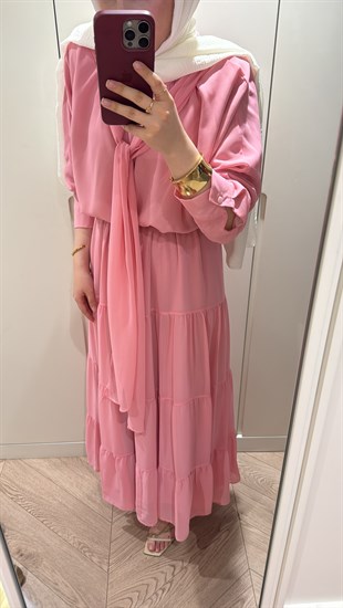 Arya  Yaka Bağlamalı Etekli Takım - Pembe