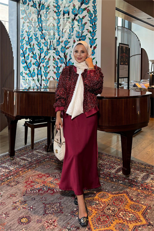 Aura Payetli Saten Ceket Bordo