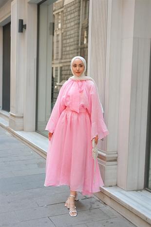 Summer balon kol premium takım pembe - Vakronline