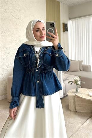 Yakası taşlı kot ceket - vakronline