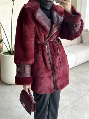 Zra muadi̇l kürklü ceket kaban -bordo - vakronline