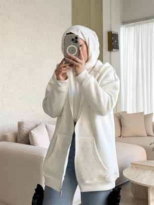 Zra model full taşlı kapüşonlu sweat-beyaz - vakronline