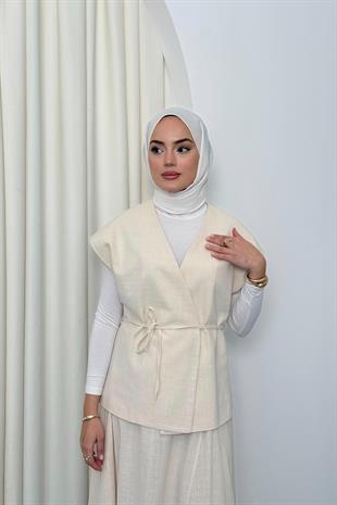 Lavinya keten etekli takım-bej - vakronline