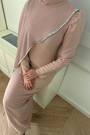 Milena Taşlı Premium Elbise-Pudra