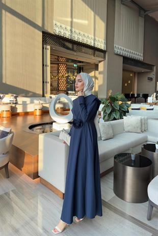 Gül kemerli elbise-lacivert - Vakronline