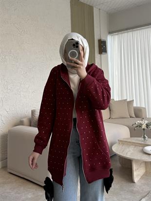 Zra model full taşlı kapüşonlu sweat-bordo - vakronline
