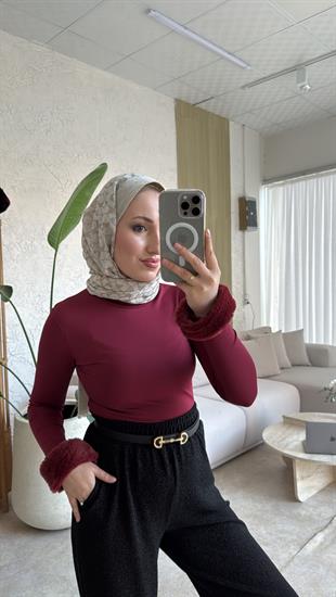 Peluş kollu body-bordo - vakronline