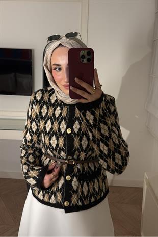 Baklava Desen Triko Hırka-Siyah