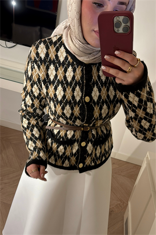 Baklava Desen Triko Hırka-Siyah