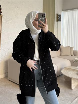 Zra model full taşlı kapüşonlu sweat-siyah - vakronline