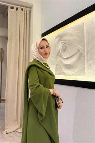Şal detaylı volan elbise olive (ön sipariş) - vakronline
