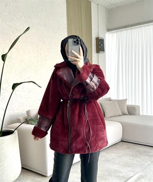 Zra muadi̇l kürklü ceket kaban -bordo - vakronline