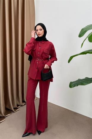Paria pantolonlu tensel takım-bordo 