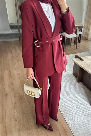 Premium çift kemer detaylı ceket takım - bordo - vakronline