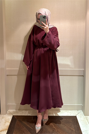 Bella Beli Lastik Büzgülü Elbise-Bordo