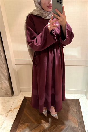 Bella Beli Lastik Büzgülü Elbise-Bordo