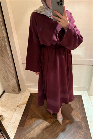 Bella Beli Lastik Büzgülü Elbise-Bordo